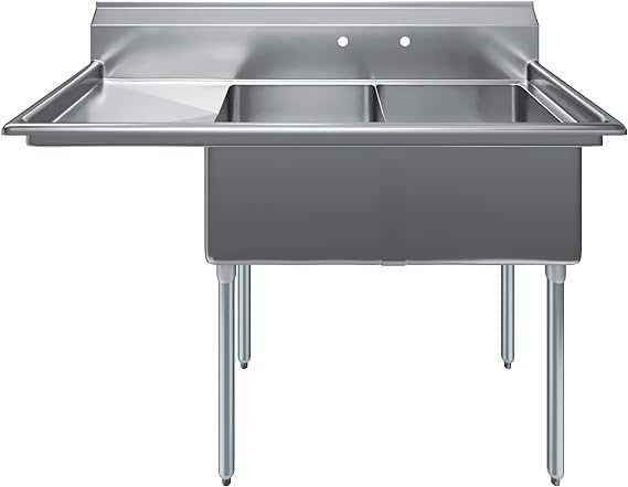 Stainless Steel Prep & Utility Sink | 304 Stainless Steel | Restaurant, Kitchen, Laundry, Garage | NSF (23 in. x 57 in. | Two Bowls | Left Drainboard)