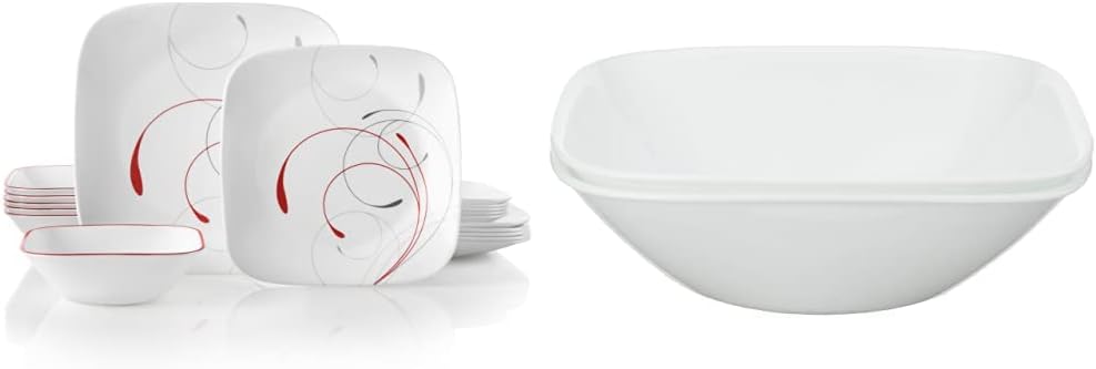 Corelle Vitrelle 18-Piece Service for 6 Dinnerware Set, Triple Layer Glass and Chip Resistant & Vitrelle 1-Qt Serving Bowl 2-Pack, Large Serving Bowl, White
