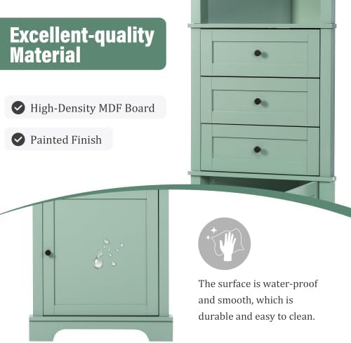 Bellemave Tall Bathroom Cabinet with 3 Drawers and Adjustable Shelves, Freestanding Floor Triangle Corner Cabinet for Bathroom, Living Room (Green)