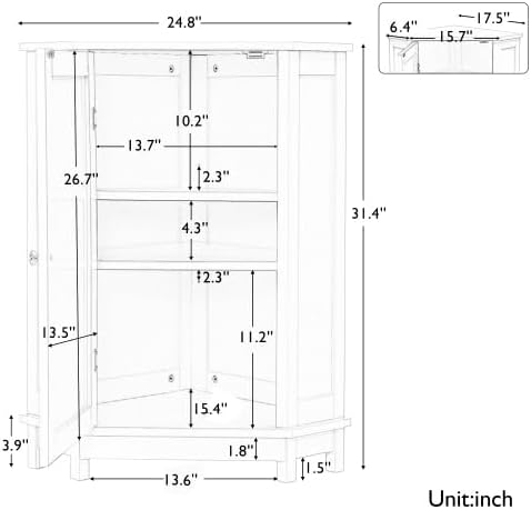 Bellemave Corner Bathroom Cabinet with Door and 2-Tier Adjustable Shelves, Floor Corner Storage Cabinet, Triangle Short Cabinets for Bathroom, Living Room (Grey)