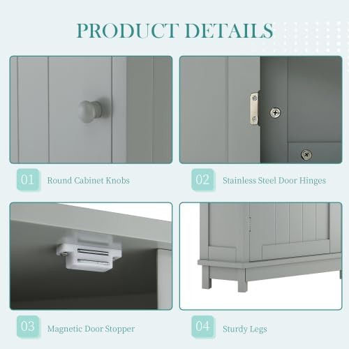 Bellemave Corner Bathroom Cabinet with Door and 2-Tier Adjustable Shelves, Floor Corner Storage Cabinet, Triangle Short Cabinets for Bathroom, Living Room (Grey)