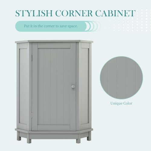 Bellemave Corner Bathroom Cabinet with Door and 2-Tier Adjustable Shelves, Floor Corner Storage Cabinet, Triangle Short Cabinets for Bathroom, Living Room (Grey)