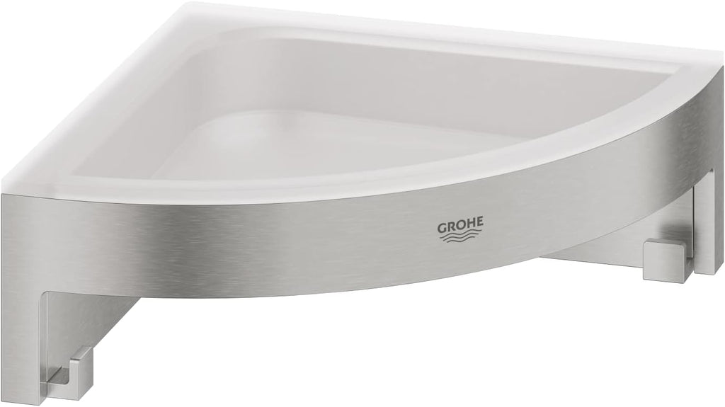 GROHE Start Cube Corner Shower Basket – Bathroom Wall Mounted Corner Shelf (Metal and Plastic, with Screws and Dowels), Size 160 mm, Extra Easy to fit QuickGlue, Stainless Steel, 41106DC0