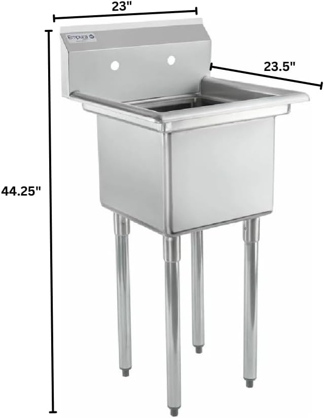 Empura 23' Wide Stainless Steel One Compartment Commercial Sink | Prep Utility 15 x 15 Bowl for Restaurant Laundry Garage | 3.5' Drain Basket, 9.75' Backsplash, 23'W x 23.5'D x 44.25'H, 18 Gauge, NSF