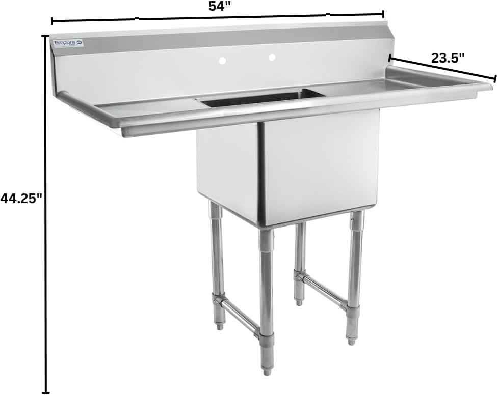 Empura 54' Wide Stainless Steel One Compartment Commercial Sink | Utility 18' x 18' Bowl for Restaurant Laundry Garage | (2) 18' Drainboard, 9.75' Backsplash, 54'W x 23.5'D x 44.25'H, 16 Gauge, NSF