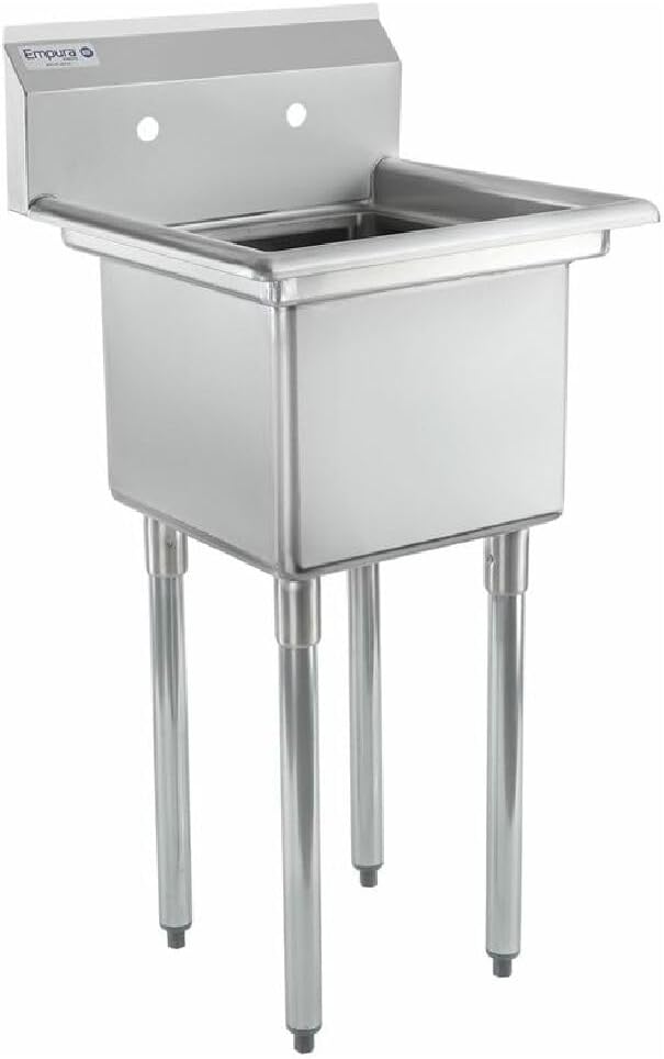 Empura 23' Wide Stainless Steel One Compartment Commercial Sink | Prep Utility 15 x 15 Bowl for Restaurant Laundry Garage | 3.5' Drain Basket, 9.75' Backsplash, 23'W x 23.5'D x 44.25'H, 18 Gauge, NSF