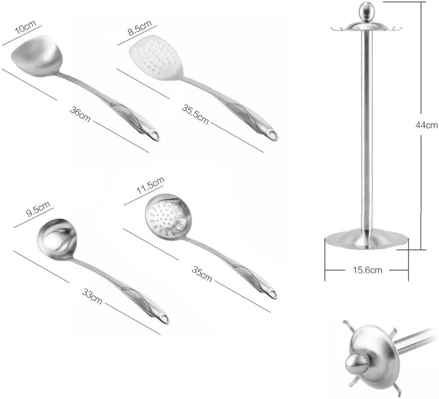 Stainless Steel Cooking Utensils Set with Holder, 5-Pieces All Metal Kitchen Utensils, Kitchen Tools with Countertop Rotating Stand