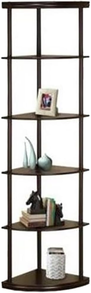 BOWERY HILL 5-Shelf Wooden Corner Bookcase, Mahogany Finish, Rubberwood and MDF, 71.75' H x 15.75' W x 15.75' D, Compact Space-Saving Design, Cappuccino Color, Bedroom, Den, or Office Shelving