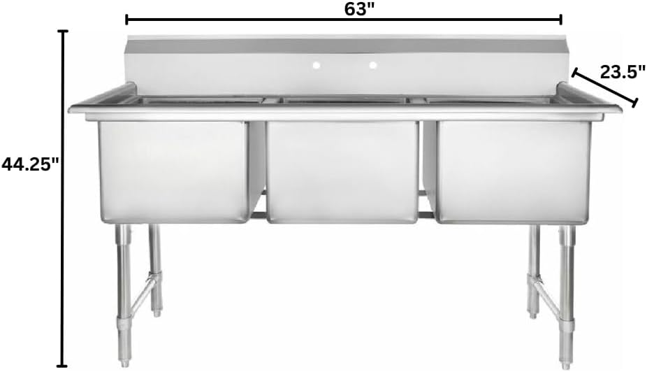 Empura 63' Wide Stainless Steel Three Compartment Commercial Sink | Prep Utility 18' x 18' Bowl for Restaurant Laundry | 3.5' Drain Basket, 9.75' Backsplash, 63'W x 23.5'D x 44.25'H, 16 Gauge, NSF