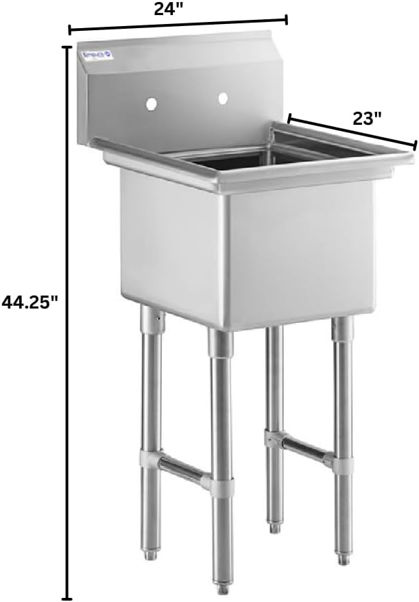 Empura 24' Wide Stainless Steel One Compartment Commercial Sink | Prep Utility 18 x 18 Bowl for Restaurant Laundry Garage | 3.5' Drain Basket, 9.75' Backsplash, 23.5'W x 23'D x 44.25'H, 16 Gauge, NSF