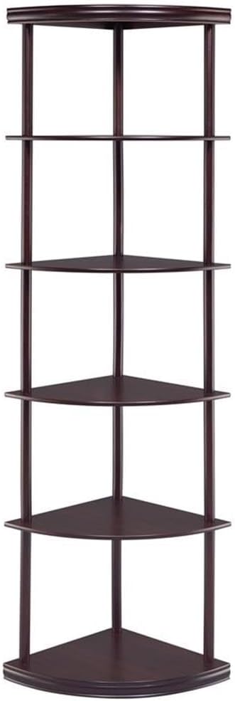 BOWERY HILL 5-Shelf Wooden Corner Bookcase, Mahogany Finish, Rubberwood and MDF, 71.75' H x 15.75' W x 15.75' D, Compact Space-Saving Design, Cappuccino Color, Bedroom, Den, or Office Shelving