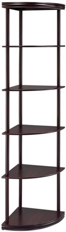 BOWERY HILL 5-Shelf Wooden Corner Bookcase, Mahogany Finish, Rubberwood and MDF, 71.75' H x 15.75' W x 15.75' D, Compact Space-Saving Design, Cappuccino Color, Bedroom, Den, or Office Shelving