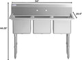 Empura 54' Wide Stainless Steel Three Compartment Commercial Sink | Prep Utility 15' x 15' Bowl for Restaurant Laundry | 3.5' Drain Basket, 9.75' Backsplash, 54'W x 20.5'D x 44.25'H, 16 Gauge, NSF