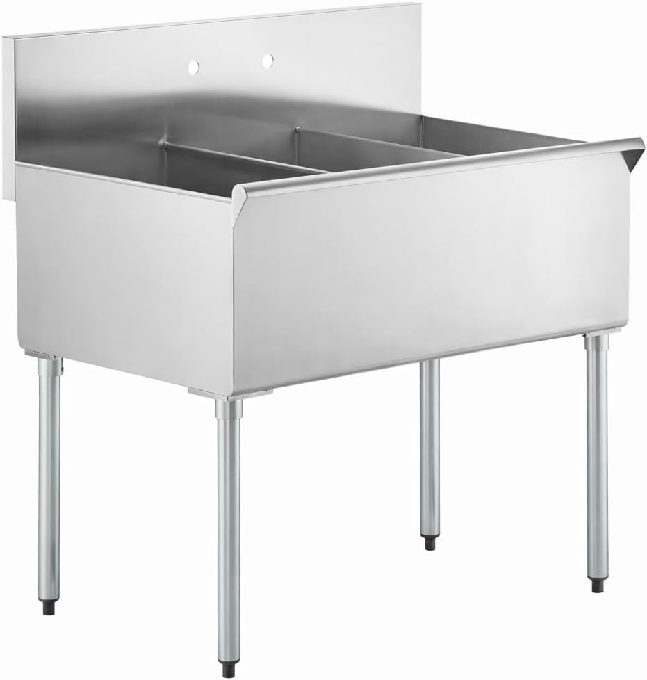 Commercial Stainless Steel Utility Sink with Backsplash, Triple 12' x 21' x 14' Deep Bowls, 16-Gauge Construction - for Janitorial Area, Commercial Kitchen, Garage, Laundry Room