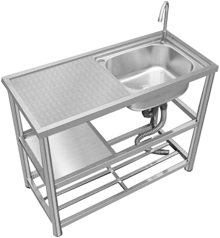 Freestanding Utility Sink,Outdoor Sink Set,32/35/40in Utility Sink,Stainless Steel Sink,Free Standing Stainless-Steel Single Bowl Kitchen Sink Set with fauc(90 * 45 * 80cm/34 * 17.7 * 35in