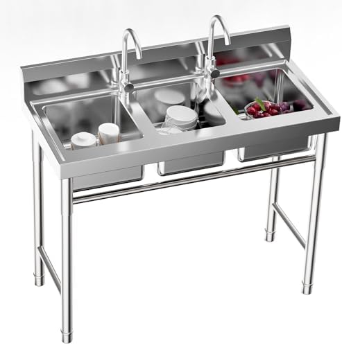 3-Compartment Sink, Stainless Steel Utility Sink with Hot & Cold Faucets, Freestanding Commercial Triple Bowl Kitchen Sink for Bars and Kitchens