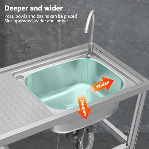 Freestanding Utility Sink,Outdoor Sink Set,32/35/40in Utility Sink,Stainless Steel Sink,Free Standing Stainless-Steel Single Bowl Kitchen Sink Set with fauc(90 * 45 * 80cm/34 * 17.7 * 35in