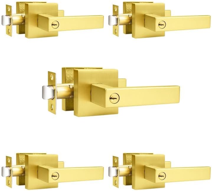 Probrico Different Keys Door Handles 5 Pack, Gold Entry Square Levers with Keyed Differently Lock for Home