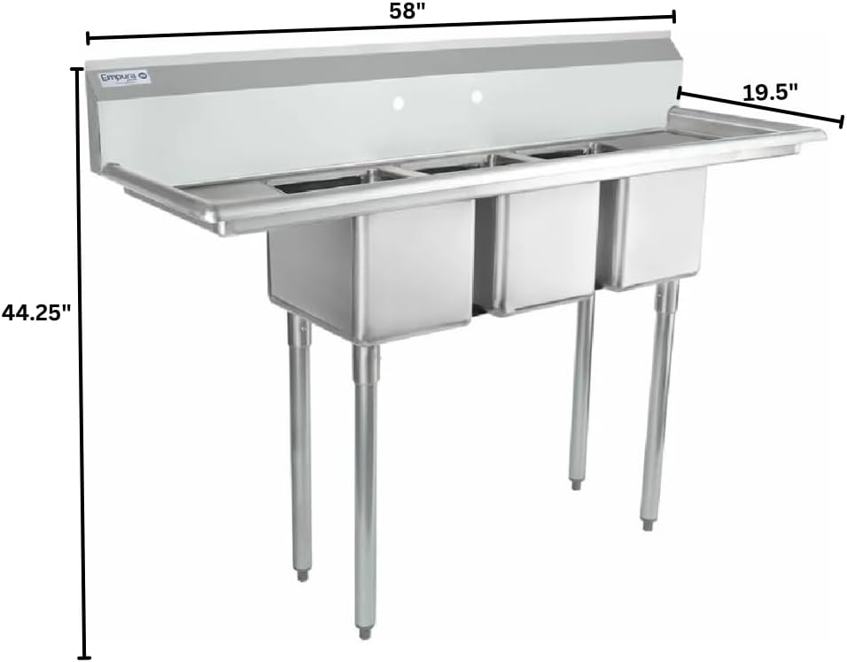 Empura 58' Wide Stainless Steel Three Compartment Commercial Sink | Prep Utility 10 x 14 Bowl for Catering Laundry Garage | (2) 12' Drainboard, 9.75' Backsplash, 58'W x 19.5'D x 44.25'H, 18 Gauge, NSF