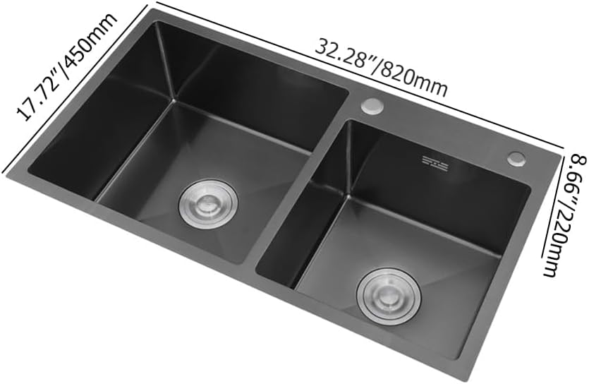 KunMai 32' Black Double Bowl Kitchen Sink Stainless Steel Bar Sink Drop-In Kitchen Sink with Drain and Overflow