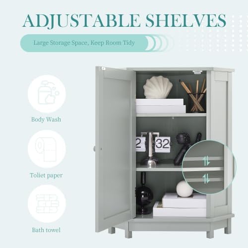 Bellemave Corner Bathroom Cabinet with Door and 2-Tier Adjustable Shelves, Floor Corner Storage Cabinet, Triangle Short Cabinets for Bathroom, Living Room (Grey)