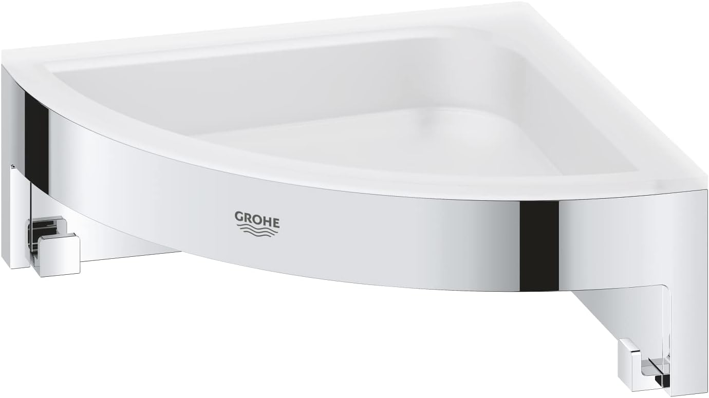 GROHE Start Cube Corner Shower Basket – Bathroom Wall Mounted Corner Shelf (Metal and Plastic, Including Screws and Dowels), Size 160 mm, Extra Easy to fit with GROHE QuickGlue, Chrome, 41106000