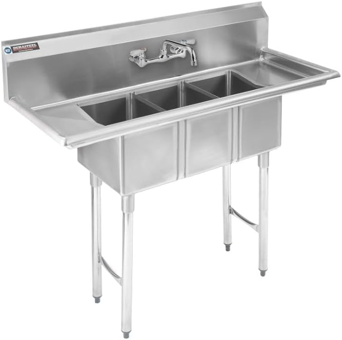 DuraSteel 3 Compartment Sink with Faucet - NSF Stainless Steel 10' x 14' x 10' 3 Bay Sinks Commercial Sink with Double Drainboard - Three Industrial Kitchen Concession Sinks Restaurant, Food Truck