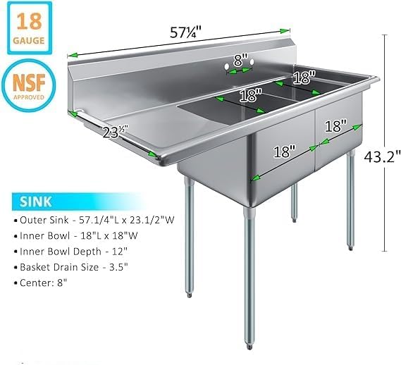 Stainless Steel Prep & Utility Sink | 304 Stainless Steel | Restaurant, Kitchen, Laundry, Garage | NSF (23 in. x 57 in. | Two Bowls | Left Drainboard)