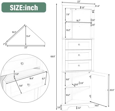 Bellemave Tall Bathroom Cabinet with 3 Drawers and Adjustable Shelves, Freestanding Floor Triangle Corner Cabinet for Bathroom, Living Room (Green)
