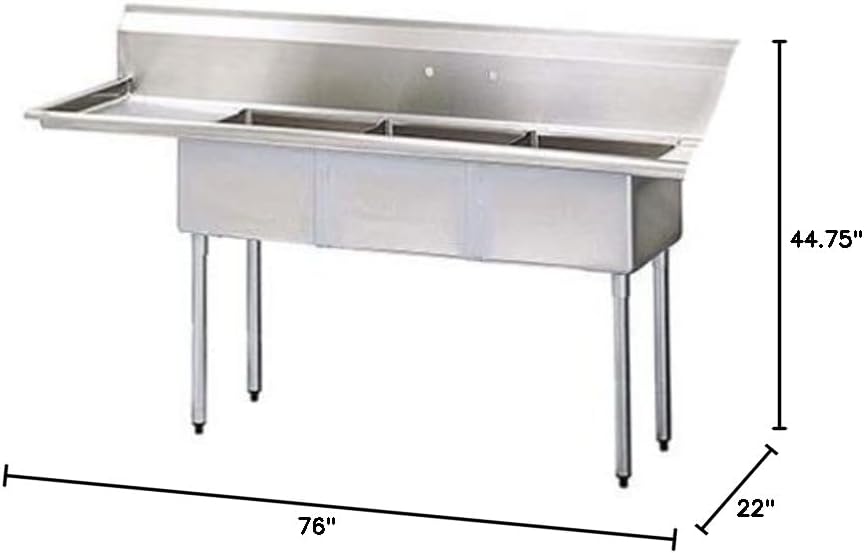 Kratos 29N-057 Three-Bowl Compartment Sink, 17'Wx17'Lx12'H Bowl Size, Drainboard on Left