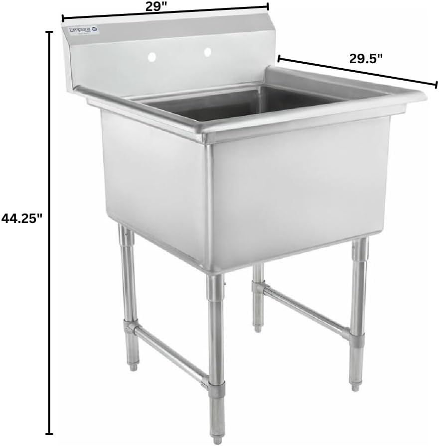 Empura 29' Wide Stainless Steel One Compartment Commercial Sink | Prep Utility 24' x 24' Bowl for Restaurant Laundry Hotel | 3.5' Drain Basket, 9.75' Backsplash, 29'W x 29.5'D x 44.25'H, 16 Gauge, NSF