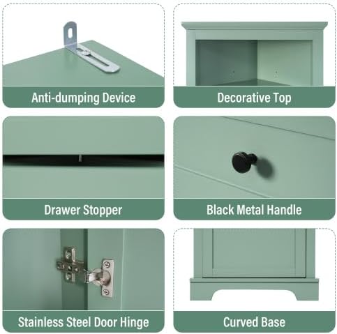 Bellemave Tall Bathroom Cabinet with 3 Drawers and Adjustable Shelves, Freestanding Floor Triangle Corner Cabinet for Bathroom, Living Room (Green)