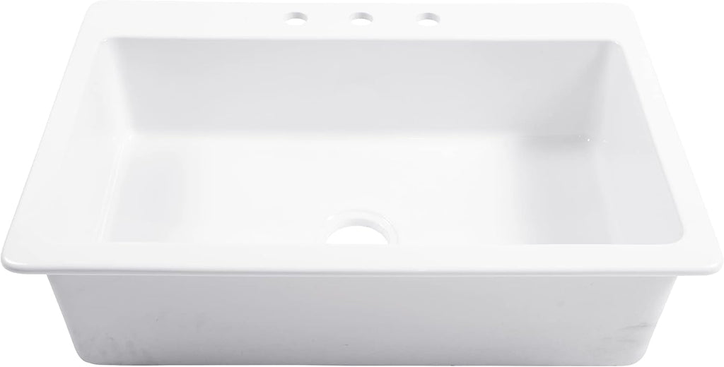 Sinkology Jackson 33 Inch Drop-In Fireclay Kitchen Sink White Single Bowl – Deep Basin, 3 Pre-Drilled Faucet Holes, Fits 36 Inch Cabinet