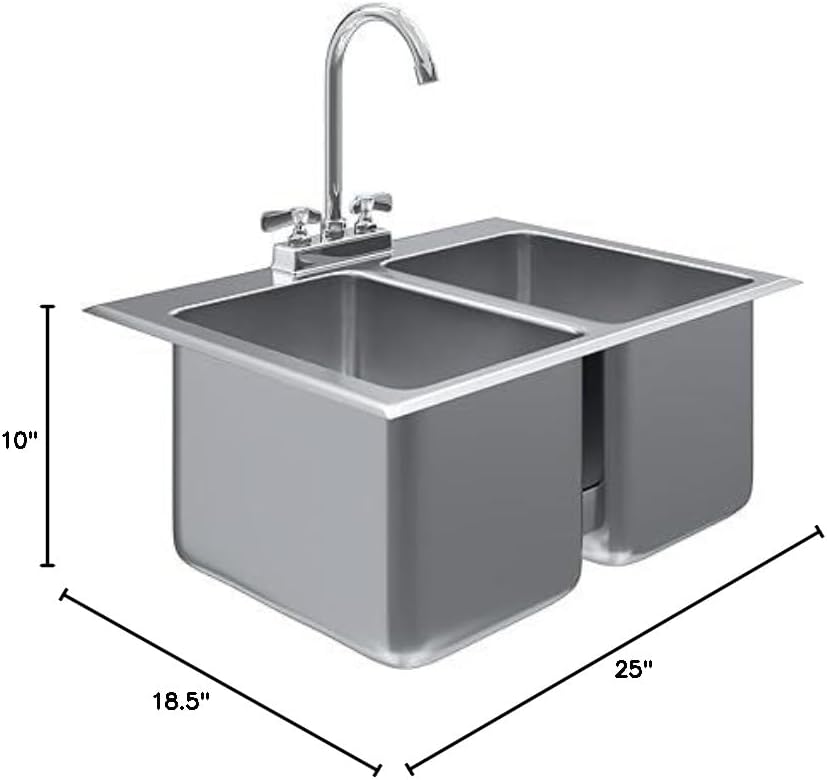 Premium Quality Stainless Steel Compartment Drop-In Sink for Kitchen, Laundry and Garage | Commercial Sink for Restaurant | NSF Certified (2 Bowl 10' x 14' x 10' with Faucet)