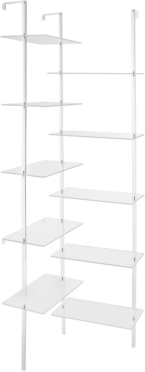 Acrylic Corner Bookshelf, 5-Tier Wall Mounted Clear Ladder Bookcase with 10 Open Shelves, Modern Display Book Shelf for Living Room, Bedroom, Bathroom, 22''Dx22''Wx73.62''H
