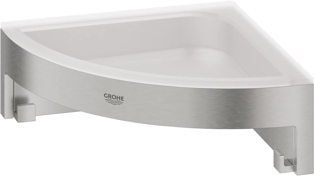 GROHE Start Cube Corner Shower Basket – Bathroom Wall Mounted Corner Shelf (Metal and Plastic, with Screws and Dowels), Size 160 mm, Extra Easy to fit QuickGlue, Stainless Steel, 41106DC0