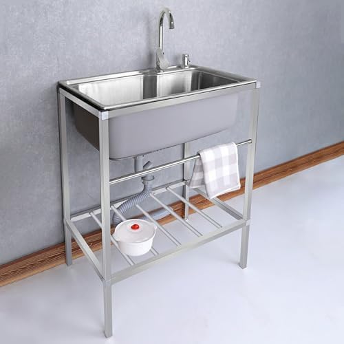Freestanding Utility Sink,Outdoor Sink Set,Outdoor Sink Station,Free Standing Single Bowl Kitchen Sink,Commercial Restaurant Kitchen Sink,Stainless Steel Ut(54 * 40cm/21 * 17in