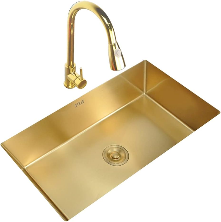 Kitchen Sink Golden Square 304 Stainless Steel Sink Single Bowl Bar Counter Ready with Pull-Out Faucet and Drain Pipe Drop-in Or Undermount (Color : Gold, Size : 45×40cm) (Gold 45×40cm)
