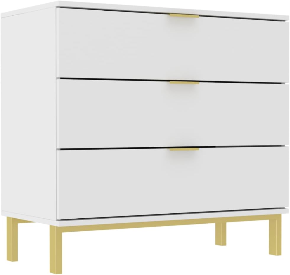Large White Nightstand Modern End Table with 3 Drawers, Gold Metal Handles & Legs, Bed Side Table for Living Room, White and Gold, 31.5'W x 15.7'D x 29.5'H