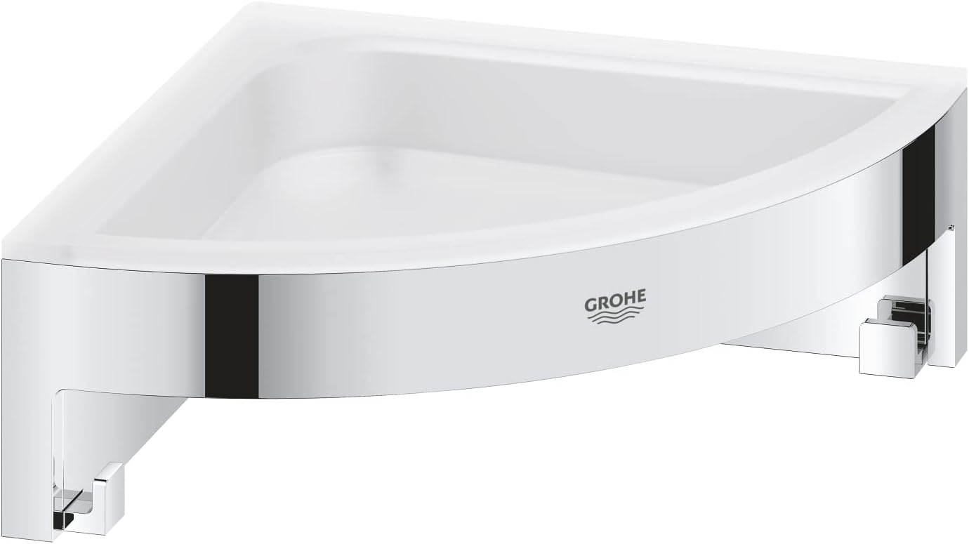 GROHE Start Cube Corner Shower Basket – Bathroom Wall Mounted Corner Shelf (Metal and Plastic, Including Screws and Dowels), Size 160 mm, Extra Easy to fit with GROHE QuickGlue, Chrome, 41106000
