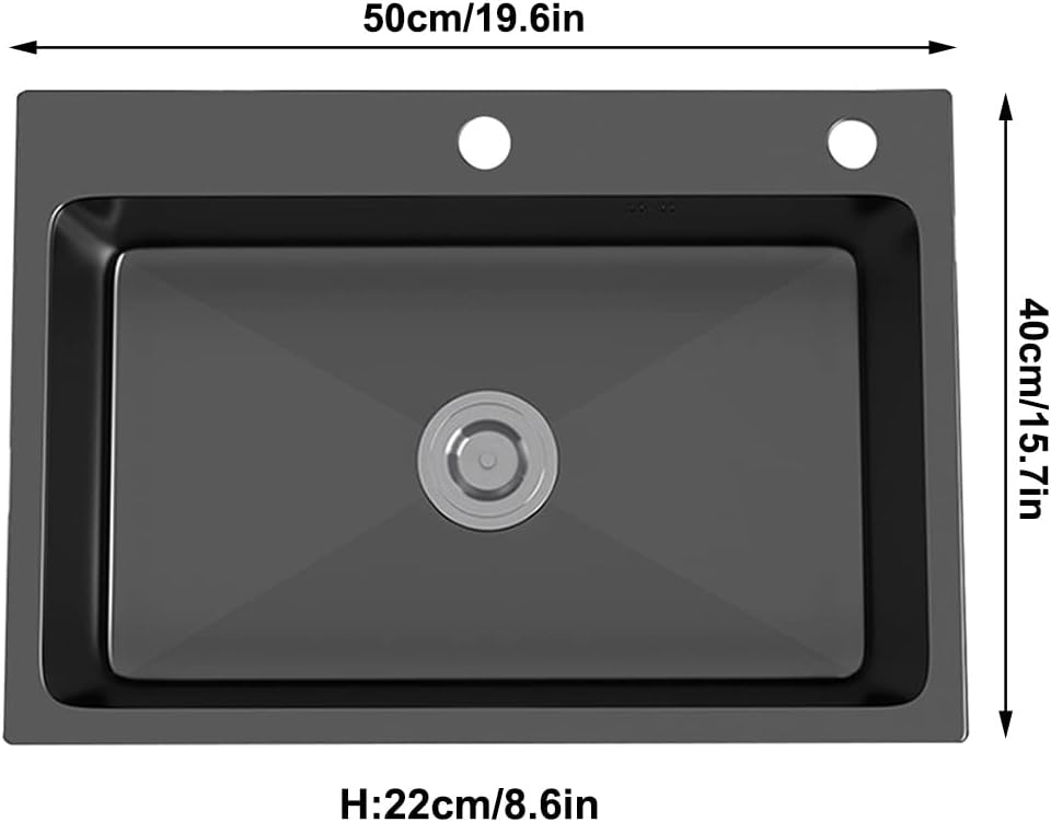 Kitchen Sink Black Square Single Bowl Kitchen Bar Prep Sink 304 Stainless Steel RV Sink Top Mount Or Undermount with Drain Pipe (Color : Black, Size : 50x40x22cm) (Black 50x40x22cm)