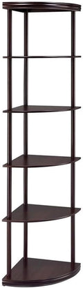 BOWERY HILL 5-Shelf Wooden Corner Bookcase, Mahogany Finish, Rubberwood and MDF, 71.75' H x 15.75' W x 15.75' D, Compact Space-Saving Design, Cappuccino Color, Bedroom, Den, or Office Shelving