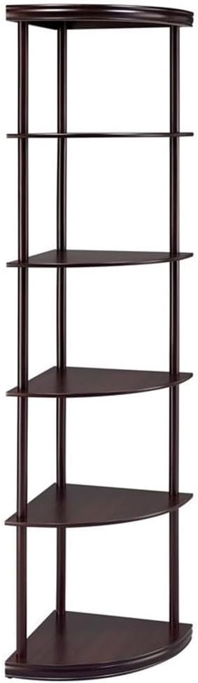 BOWERY HILL 5-Shelf Wooden Corner Bookcase, Mahogany Finish, Rubberwood and MDF, 71.75' H x 15.75' W x 15.75' D, Compact Space-Saving Design, Cappuccino Color, Bedroom, Den, or Office Shelving