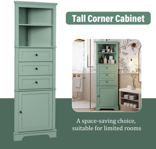 Bellemave Tall Bathroom Cabinet with 3 Drawers and Adjustable Shelves, Freestanding Floor Triangle Corner Cabinet for Bathroom, Living Room (Green)