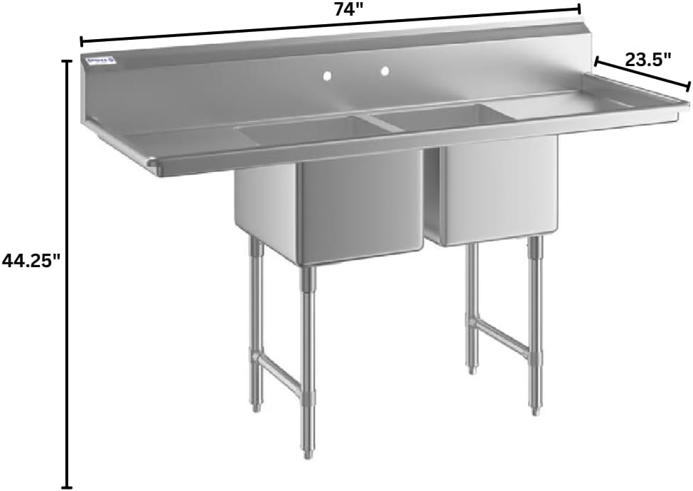 Empura 55' Wide Stainless Steel Two Compartment Commercial Sink | Utility 24' x 24' Bowl for Restaurant Laundry Garage | 3.5' Drain Basket, 9.75' Backsplash, 55'W x 29.5'D x 44.25'H, 16 Gauge, NSF
