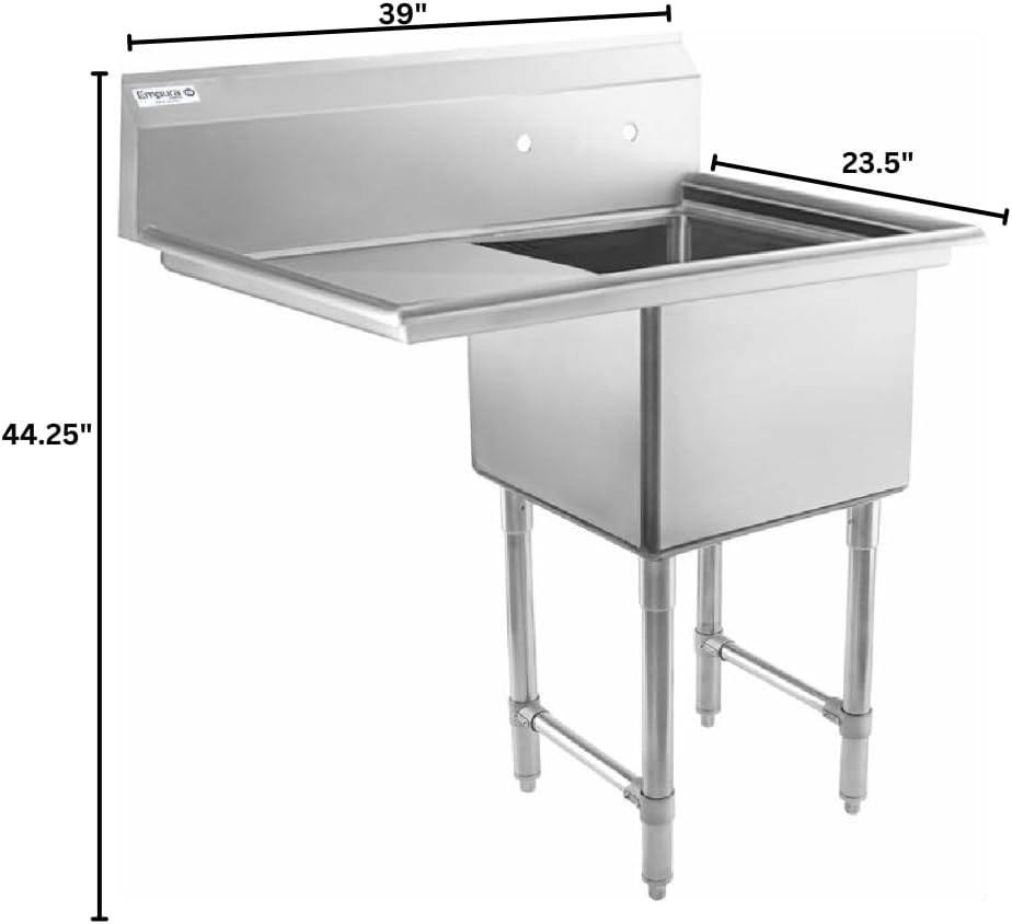 Empura 39' Wide Stainless Steel One Compartment Commercial Sink | Utility 18' x 18' Bowl for Restaurant Laundry Hotel | 18' Left Drainboard, 9.75' Backsplash, 38.5'W x 23.5'D x 44.25'H, 16 Gauge, NSF
