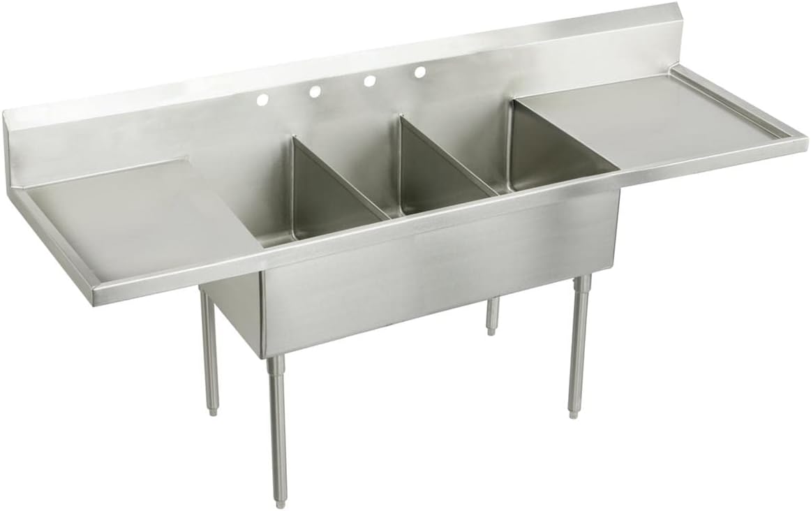Elkay SS8345LR3 Commercial 93' x 27-1/2' Floor Mount Triple Compartment Scullery Sink with Drainboard