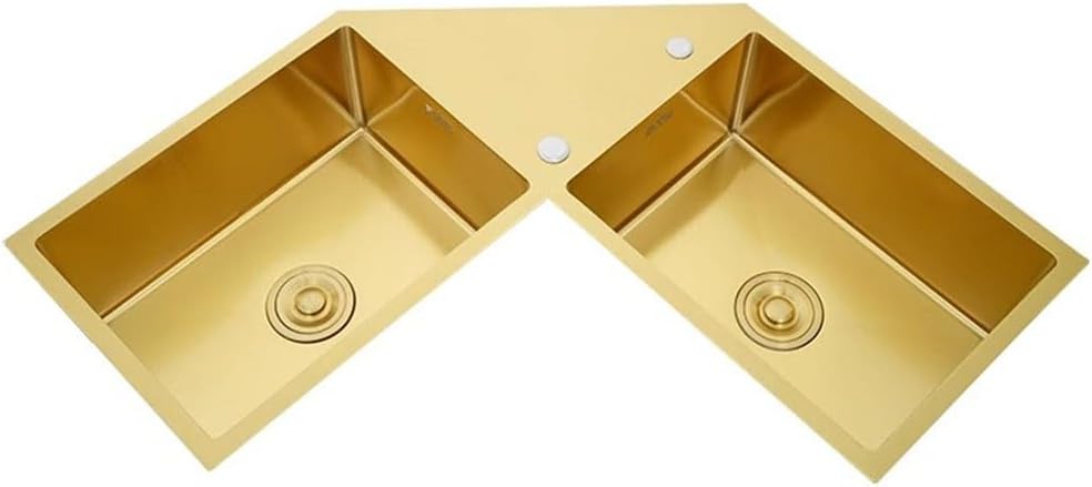 Gold Kitchen Sink Double Bowl Stainless Steel Corner Sink Handmade Dishwashing Sink, 9 Kits for You to Choose (Color : Kit-A, Size : 860x860x220mm) (KitI 860x860x220mm)