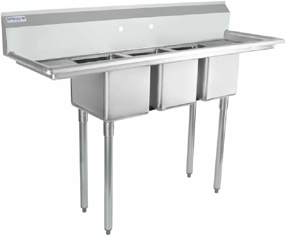 Empura 58' Wide Stainless Steel Three Compartment Commercial Sink | Prep Utility 10 x 14 Bowl for Catering Laundry Garage | (2) 12' Drainboard, 9.75' Backsplash, 58'W x 19.5'D x 44.25'H, 18 Gauge, NSF