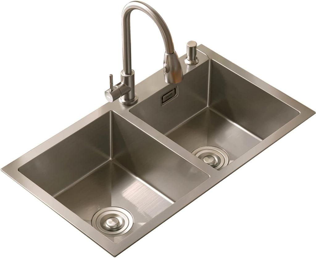 304 Stainless Steel Kitchen Sink Silver Double Bowl Bar Prep Sink RV Sink with Drain Pipe and Installation Kit Drop in Or Undermount (Color : NO Faucet, Size : 72x40x21cm) (Chave Faucet 82x45x21c